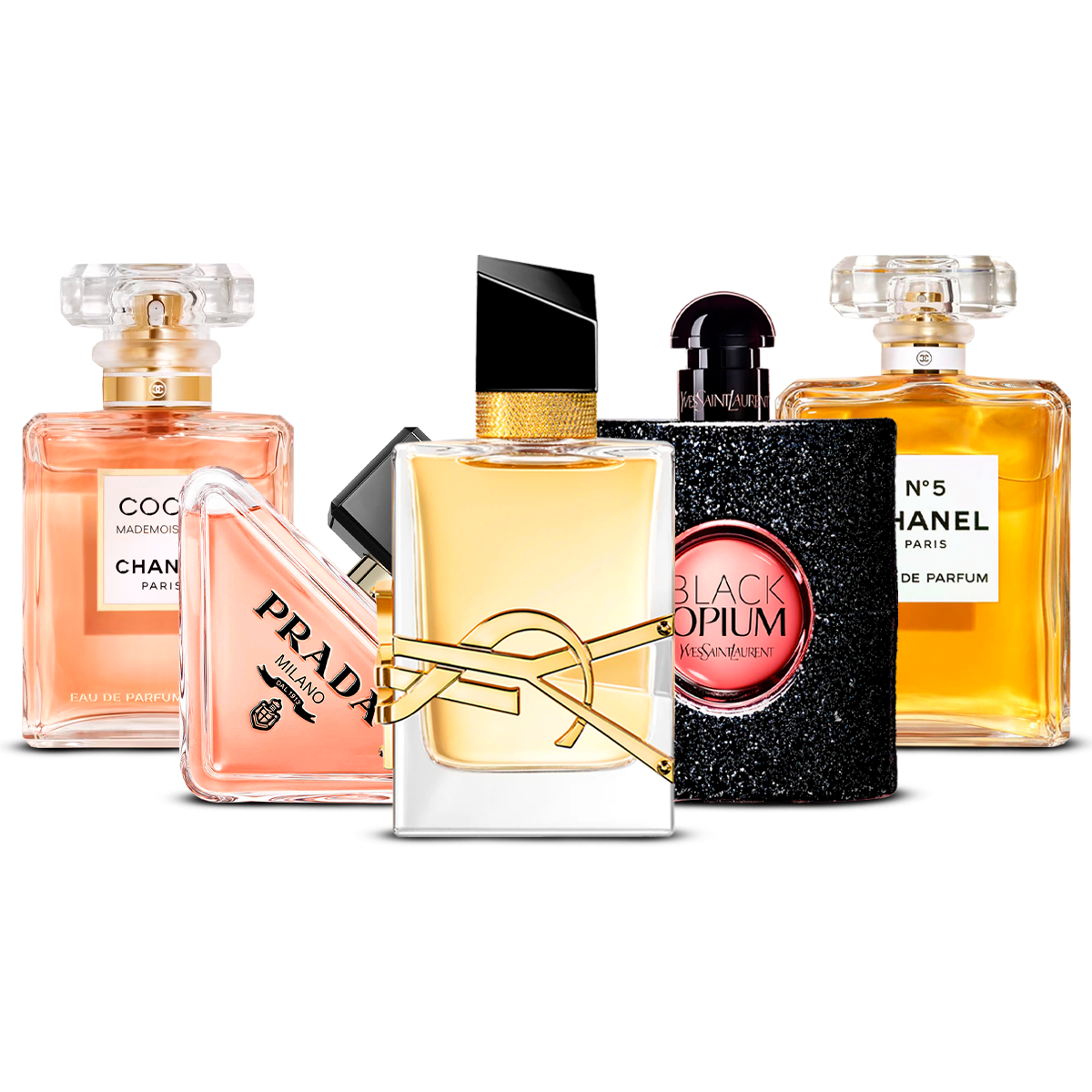 Set di 5 profumi – Coco Mademoiselle, Prada Paradoxe, Libre, Black Opium e Chanel N°5