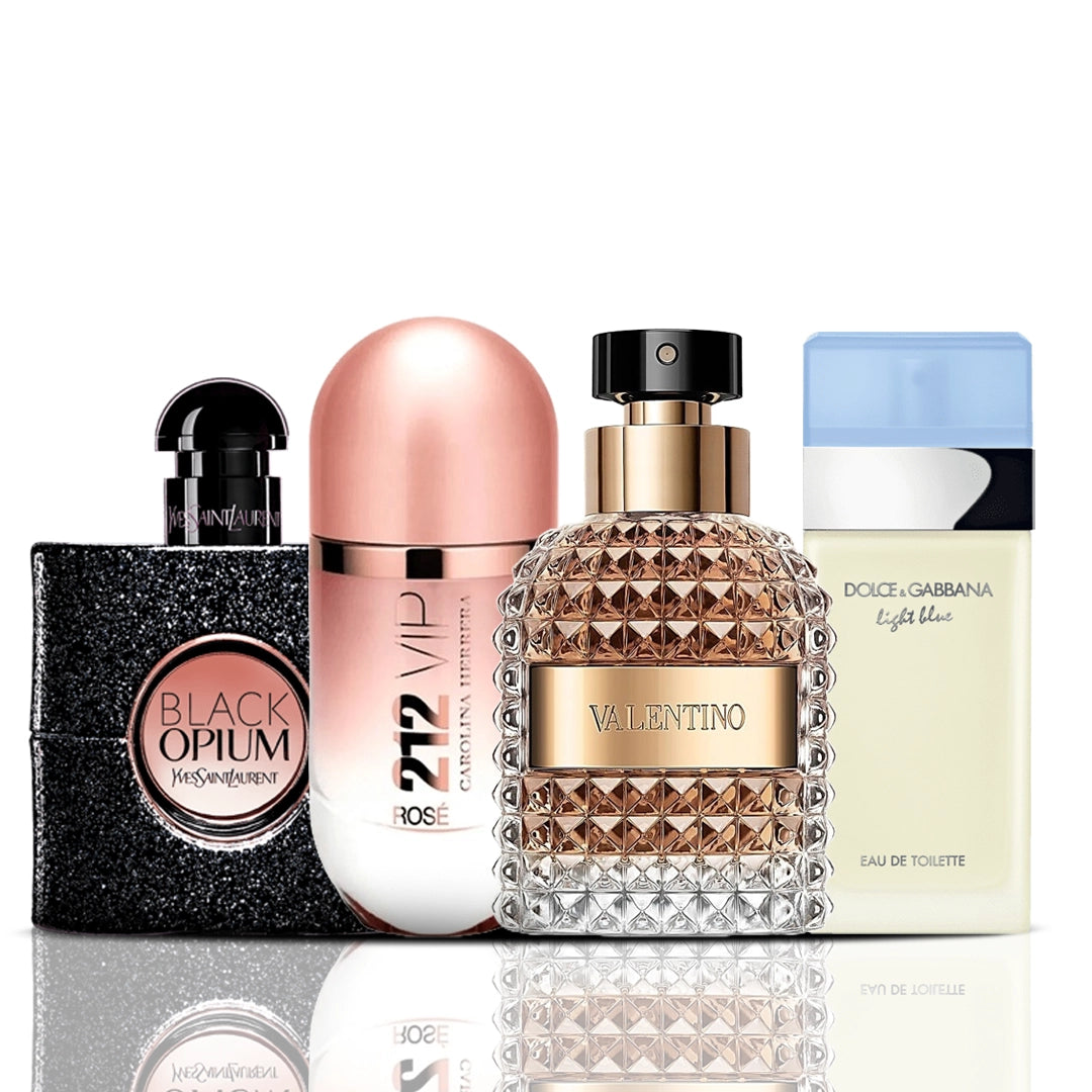 Set di 4 profumi | Black Opium + 212 VIP Rose + Valentino + Dolce & Gabbana Light Blue 100 ml